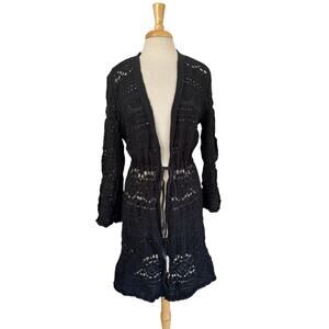 ANTHROPOLOGIE Black Crochet Long Line Cardigan Sweater Size XL Petite Womens